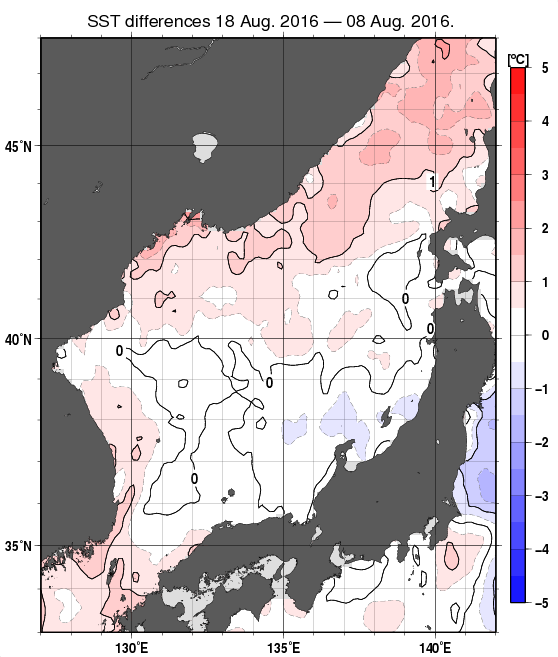 日本海の10日間の海面水温変化量分布図（8月18日）
