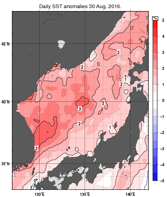 日本海の海面水温平年差分布図（8月30日）