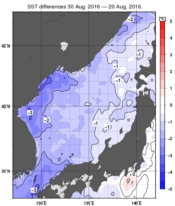 日本海の10日間の海面水温変化量分布図（8月30日）