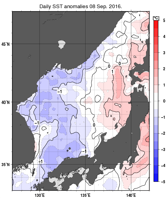 日本海の海面水温平年差分布図（9月8日）