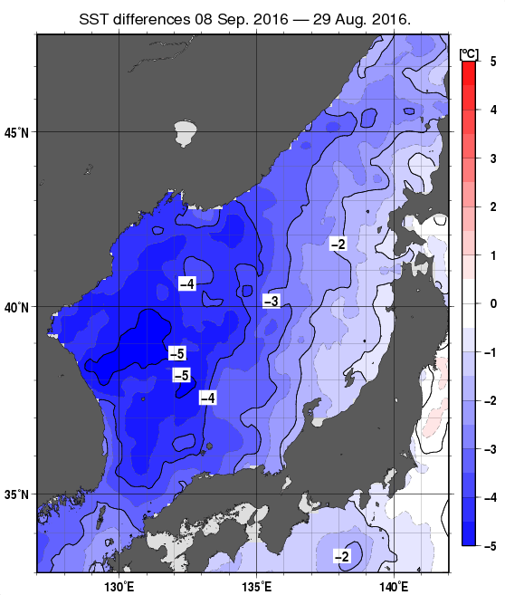 日本海の10日間の海面水温変化量分布図（9月8日）