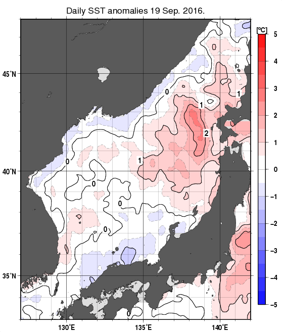 日本海の海面水温平年差分布図（9月19日）
