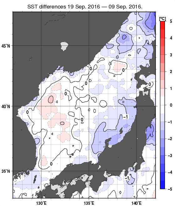 日本海の10日間の海面水温変化量分布図（9月19日）