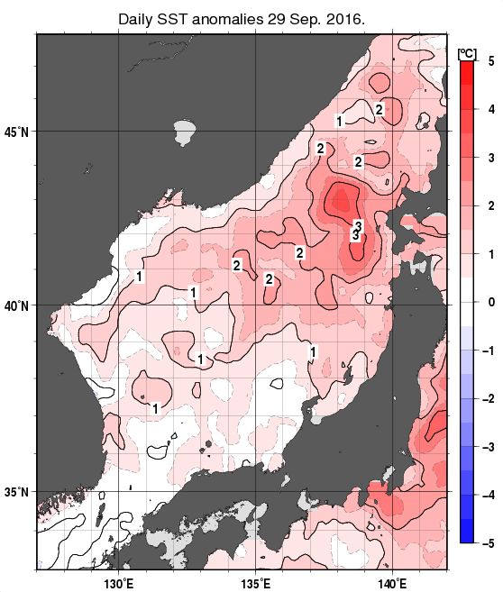 日本海の海面水温平年差分布図（9月29日）
