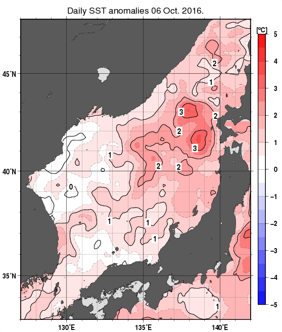 日本海の海面水温平年差分布図（10月6日）