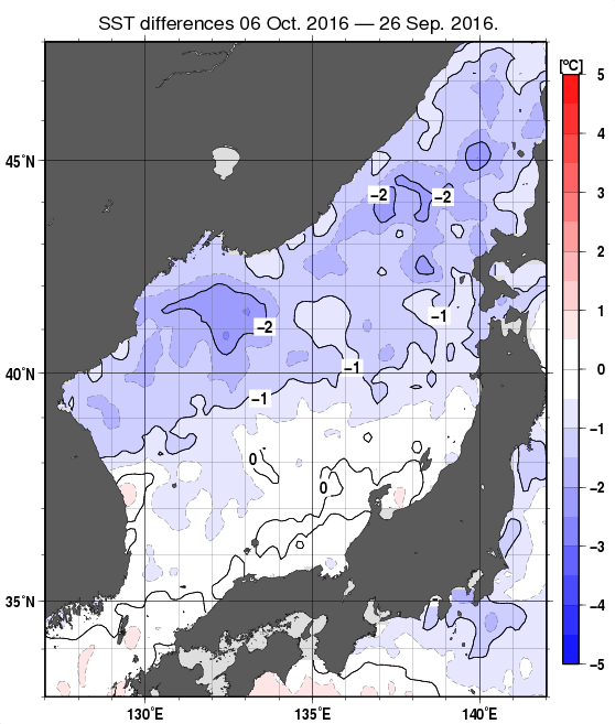 日本海の10日間の海面水温変化量分布図（10月6日）