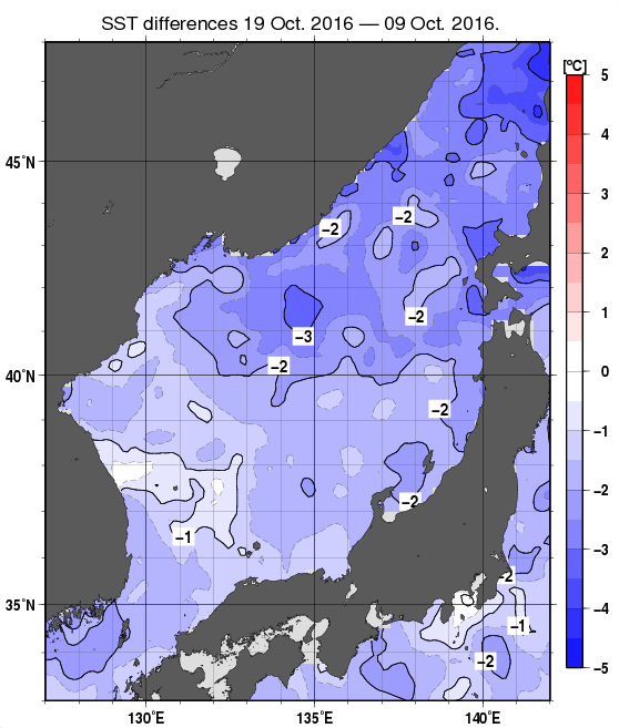 日本海の10日間の海面水温変化量分布図（10月19日）