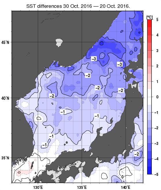 日本海の10日間の海面水温変化量分布図（10月30日）