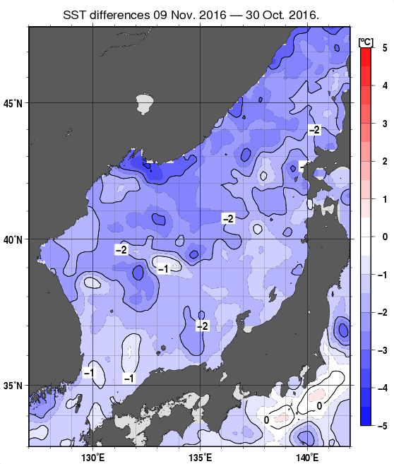 日本海の10日間の海面水温変化量分布図（11月9日）