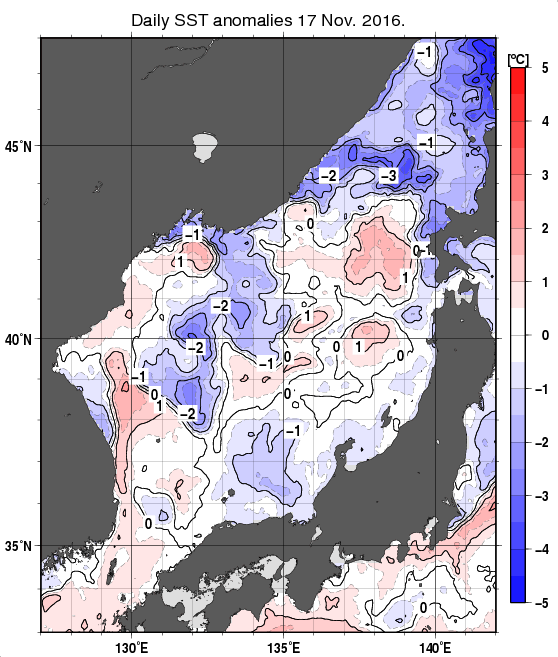 日本海の海面水温平年差分布図（11月17日）