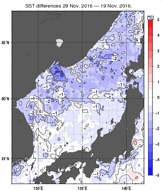 日本海の10日間の海面水温変化量分布図（11月29日）