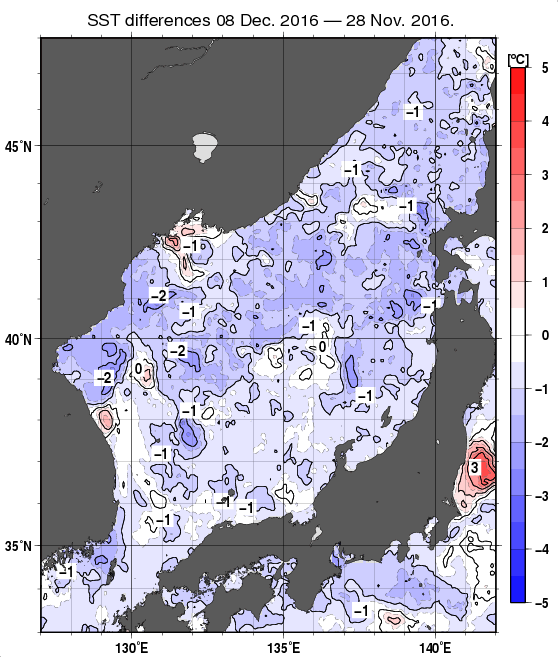 日本海の10日間の海面水温変化量分布図（12月8日）