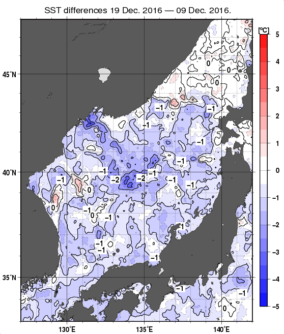 日本海の10日間の海面水温変化量分布図（12月19日）