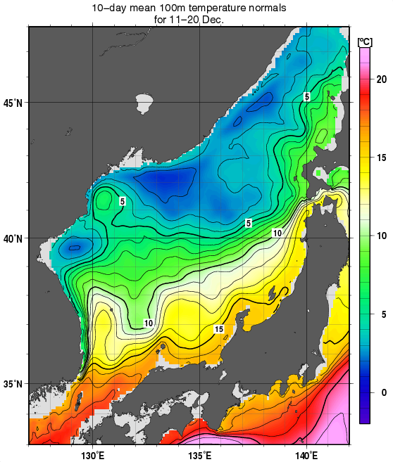 日本海の深さ100mの水温の旬別平年値(1982～2010年の29年間の平均)(12月中旬)