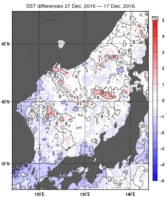 日本海の10日間の海面水温変化量分布図（12月27日）