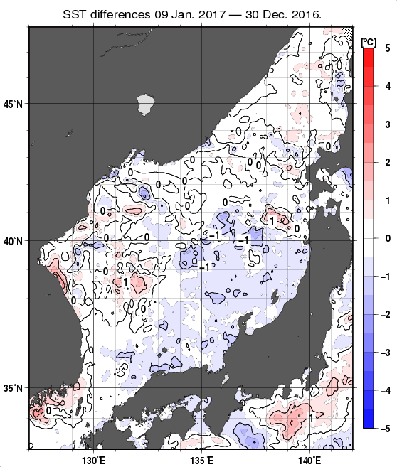 日本海の10日間の海面水温変化量分布図（1月9日）