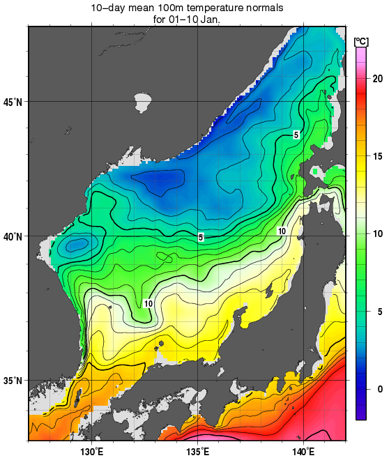 日本海の深さ100mの水温の旬別平年値(1982～2010年の29年間の平均)(01月上旬)