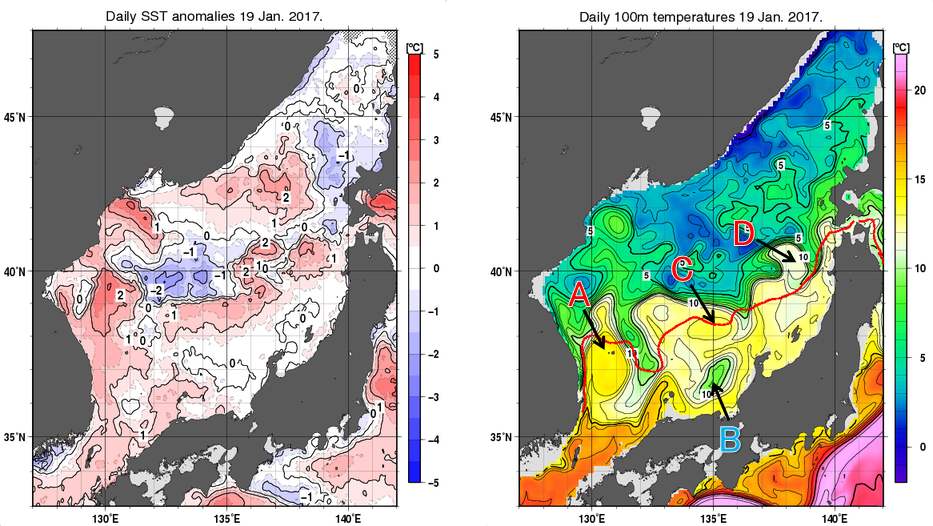 日本海の海面水温平年差分布図および深さ100mの水温分布図（1月19日）