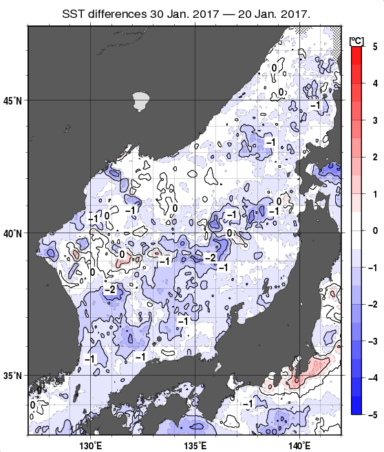 日本海の10日間の海面水温変化量分布図（1月30日）
