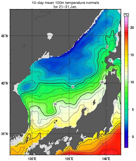 日本海の深さ100mの水温の旬別平年値(1982～2010年の29年間の平均)(1月下旬)