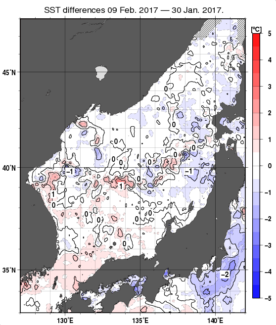 日本海の10日間の海面水温変化量分布図（2月9日）