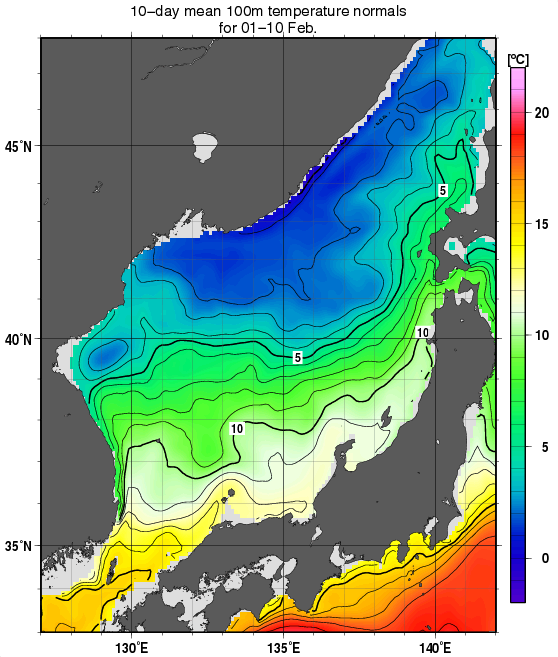 日本海の深さ100mの水温の旬別平年値(1982～2010年の29年間の平均)(2月上旬)