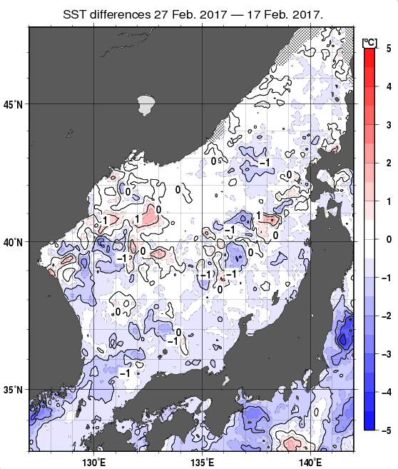 日本海の10日間の海面水温変化量分布図（2月27日）