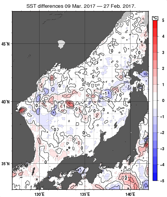日本海の10日間の海面水温変化量分布図（3月9日）