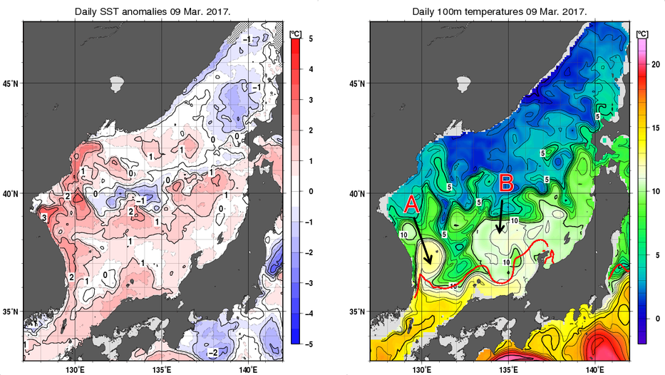 日本海の海面水温平年差分布図および深さ100mの水温分布図（3月9日）