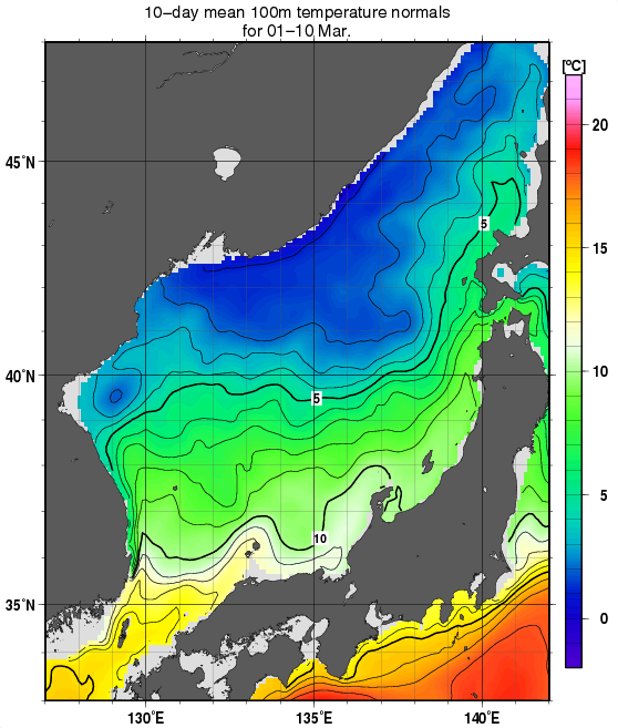 日本海の深さ100mの水温の旬別平年値(1982～2010年の29年間の平均)(3月上旬)