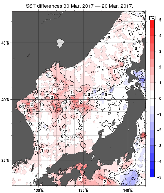 日本海の10日間の海面水温変化量分布図（3月30日）