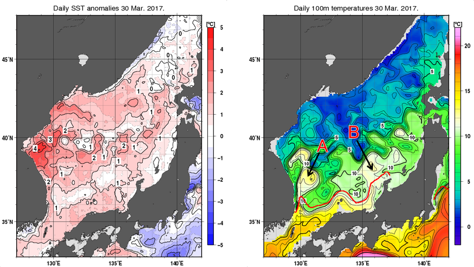 日本海の海面水温平年差分布図および深さ100mの水温分布図（3月30日）