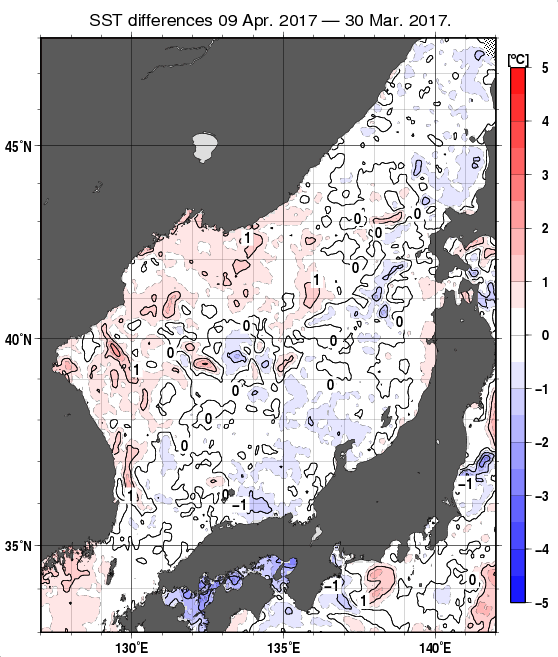 日本海の10日間の海面水温変化量分布図（4月9日）