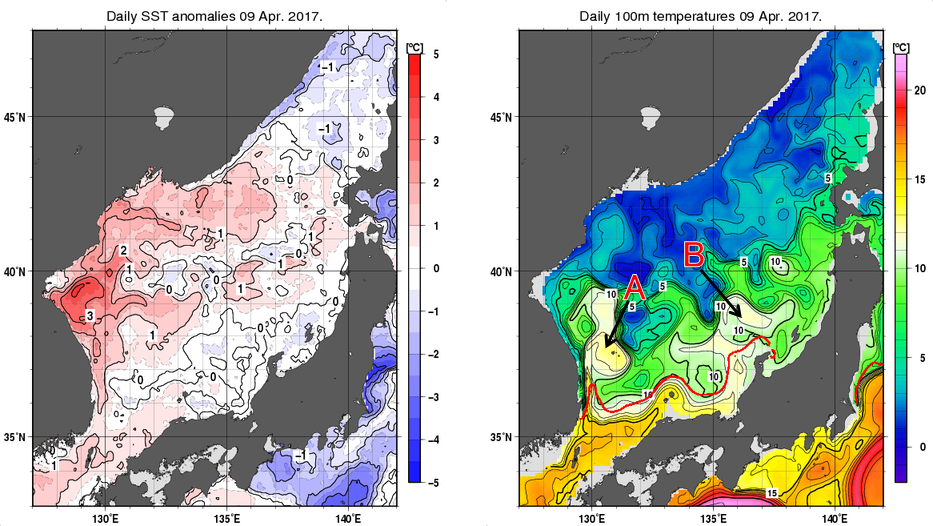 日本海の海面水温平年差分布図および深さ100mの水温分布図（4月9日）