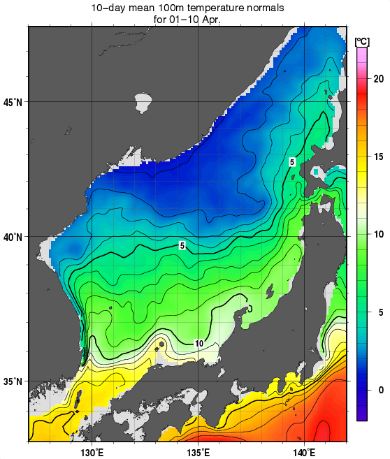 日本海の深さ100mの水温の旬別平年値(1982～2010年の29年間の平均)(4月上旬)