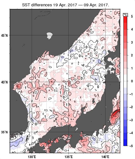 日本海の10日間の海面水温変化量分布図（4月19日）