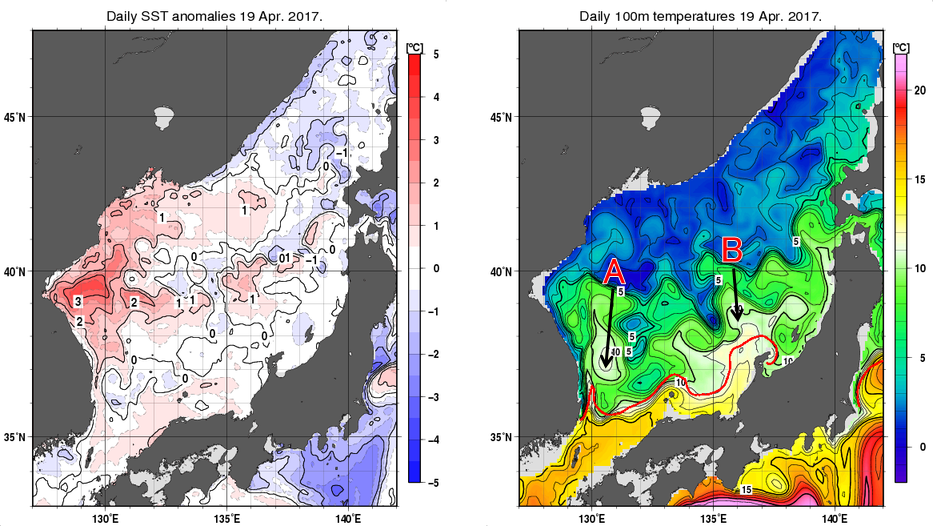 日本海の海面水温平年差分布図および深さ100mの水温分布図（4月19日）