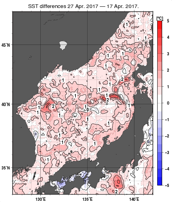 日本海の10日間の海面水温変化量分布図（4月27日）