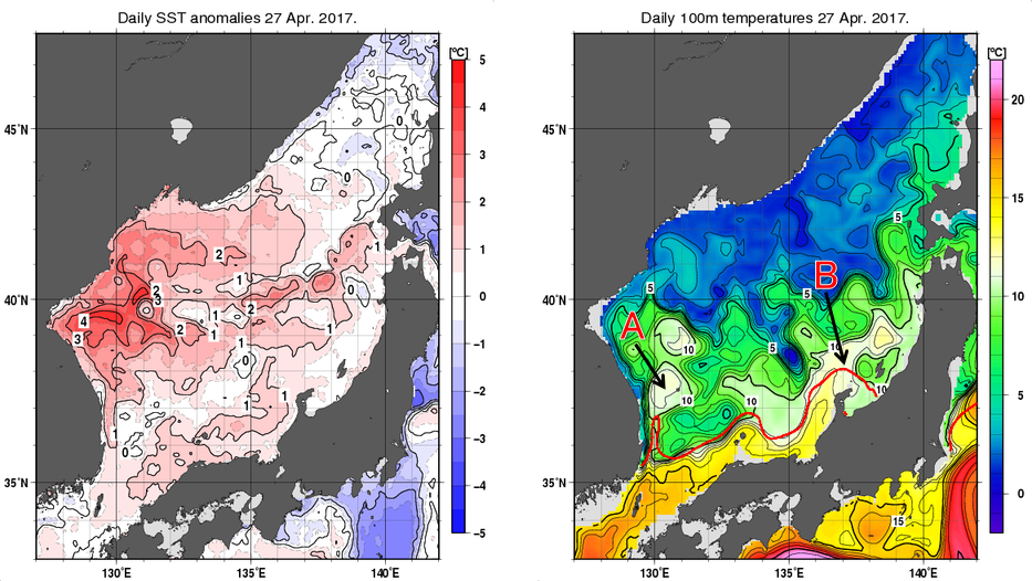 日本海の海面水温平年差分布図および深さ100mの水温分布図（4月27日）