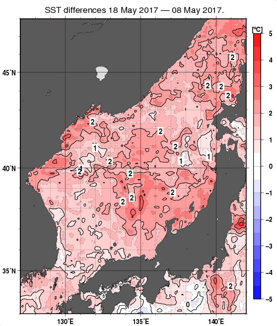 日本海の10日間の海面水温変化量分布図（5月18日）