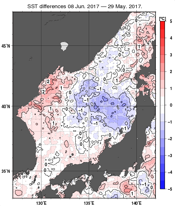 日本海の10日間の海面水温変化量分布図（6月8日）