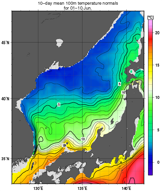 日本海の深さ100mの水温の旬別平年値(1982～2010年の29年間の平均)(6月上旬)