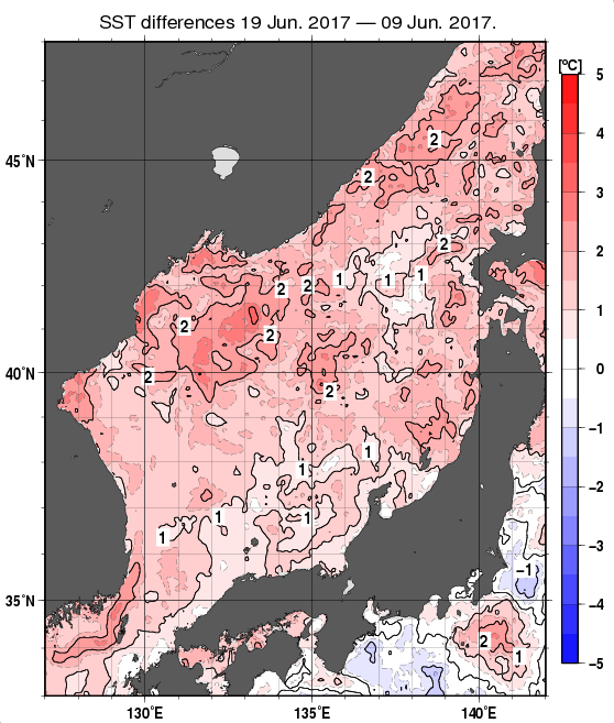 日本海の10日間の海面水温変化量分布図（6月19日）