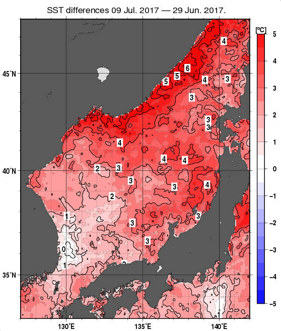 日本海の10日間の海面水温変化量分布図（7月9日）