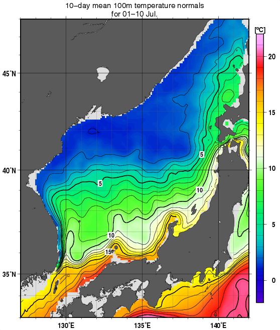 日本海の深さ100mの水温の旬別平年値(1982～2010年の29年間の平均)(7月上旬)