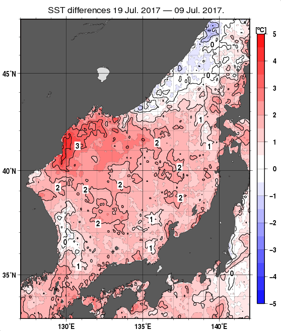 日本海の10日間の海面水温変化量分布図（7月19日）