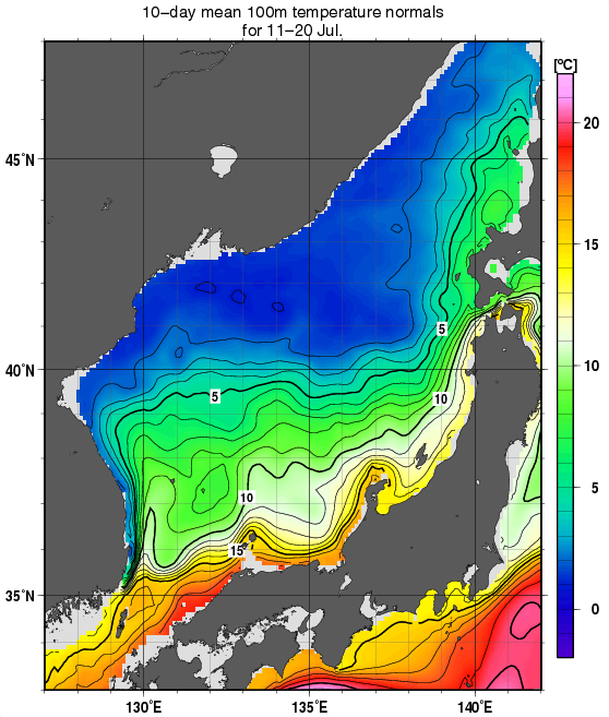 日本海の深さ100mの水温の旬別平年値(1982～2010年の29年間の平均)(7月中旬)
