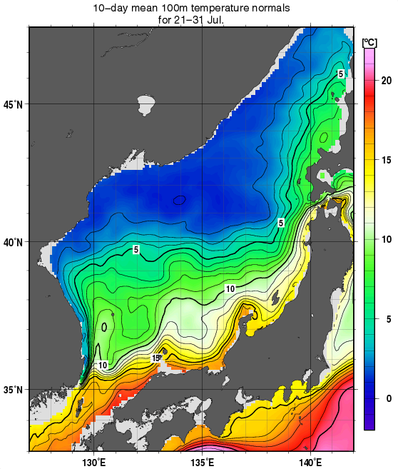 日本海の深さ100mの水温の旬別平年値(1982～2010年の29年間の平均)(7月下旬)