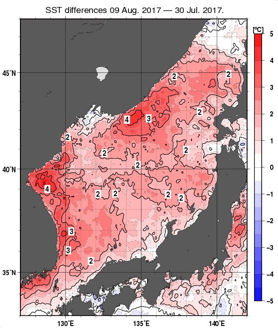 日本海の10日間の海面水温変化量分布図（8月9日）