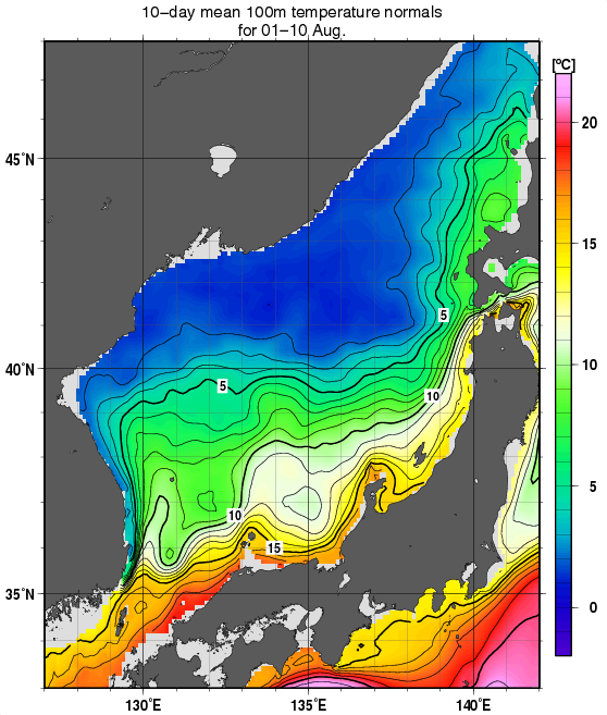 日本海の深さ100mの水温の旬別平年値(1982～2010年の29年間の平均)(8月上旬)